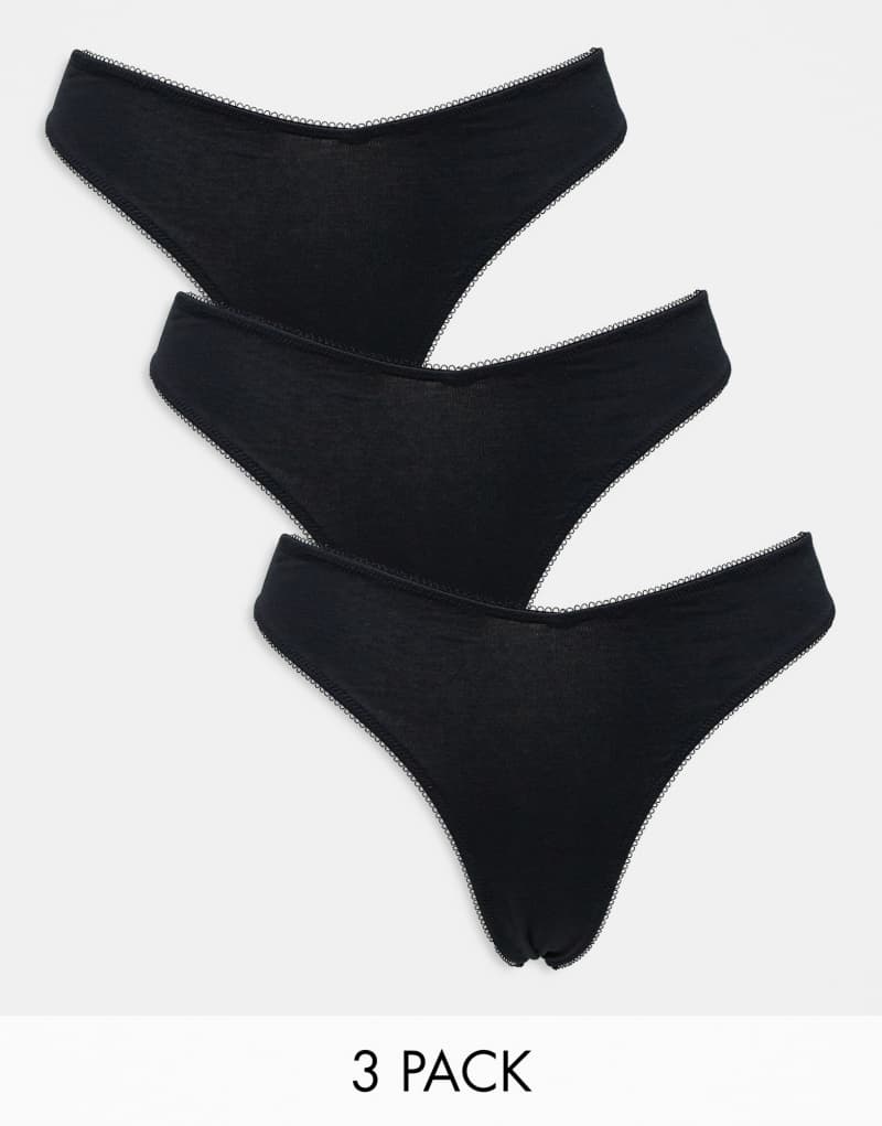 ASOS DESIGN 3 pack cotton high leg thong with dipped front in black Asos Design