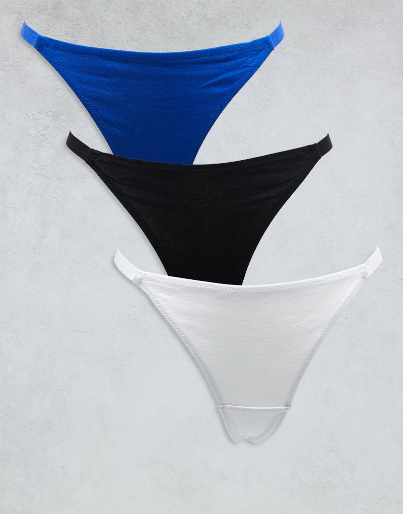 ASOS DESIGN 3 pack cotton tanga thongs in black, white & cobalt blue Asos Design