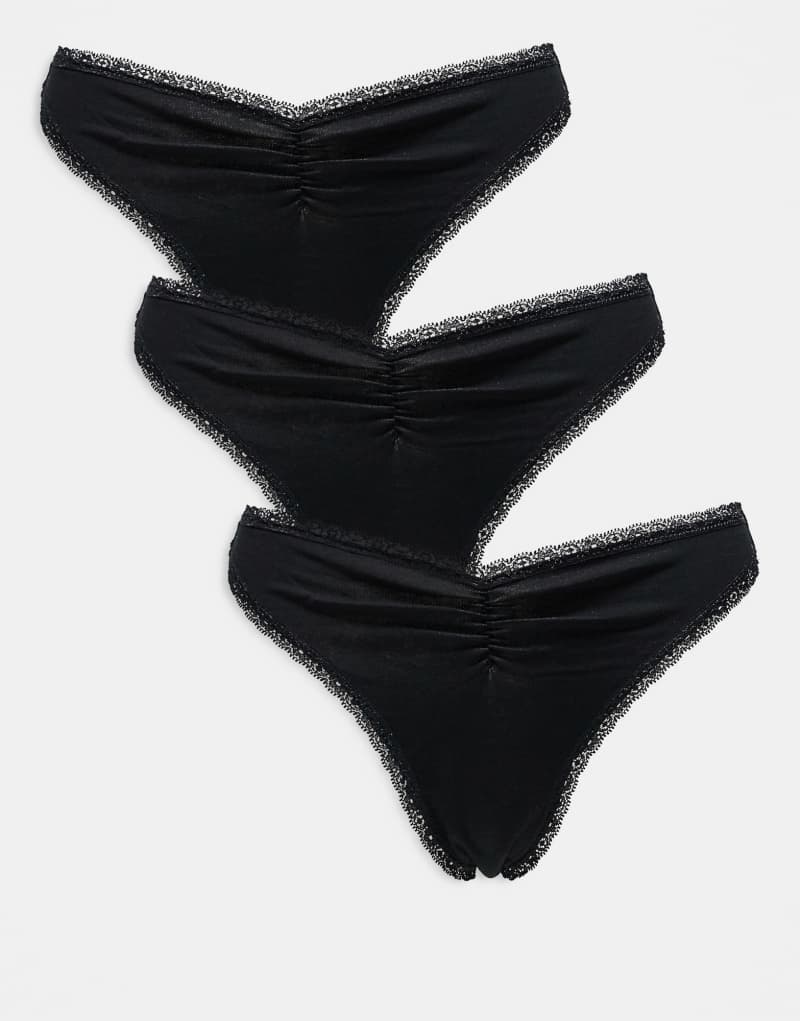 ASOS DESIGN Libby 3 pack high leg thong with ruched front detail in black Asos Design