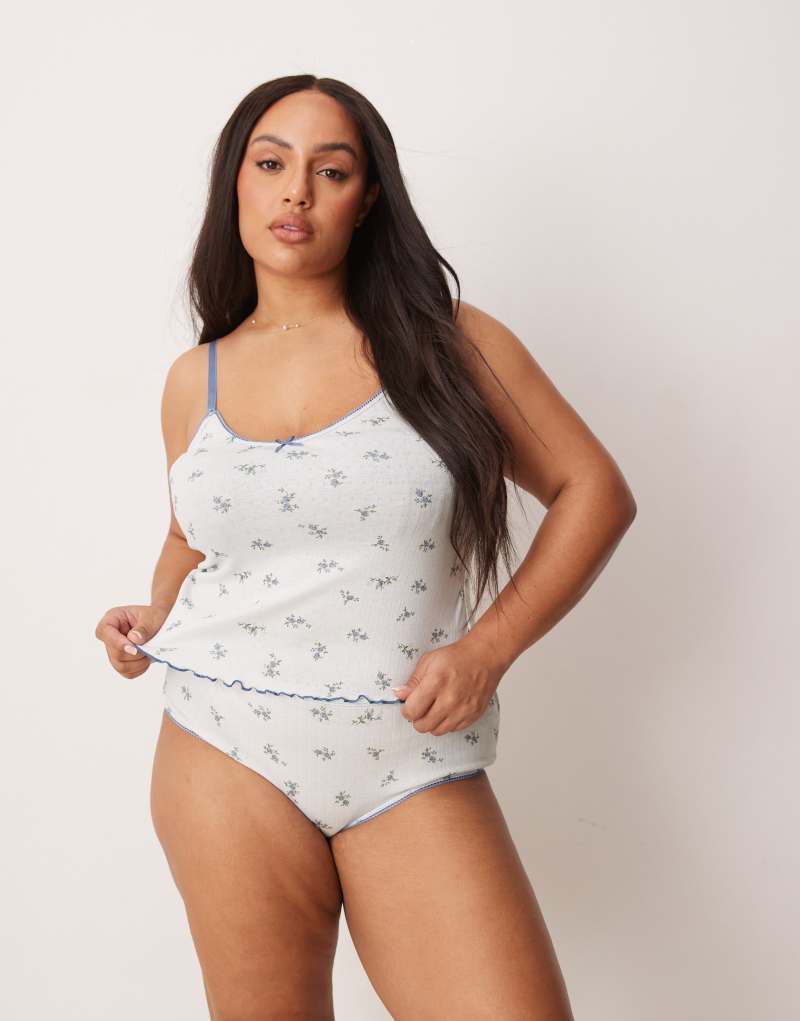 ASOS DESIGN Curve Freya pointelle camisole & brief set in blue floral print ASOS Curve