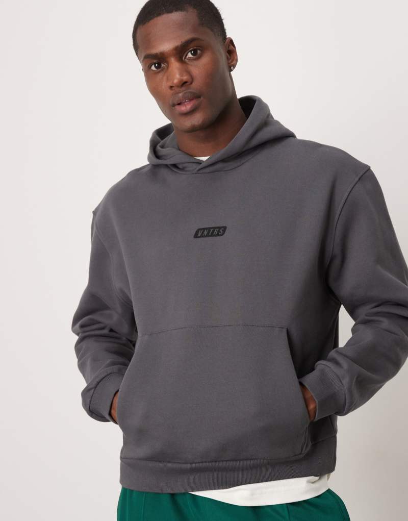 ASOS DESIGN premium heavyweight boxy oversized hoodie with chest print in washed black Asos Design