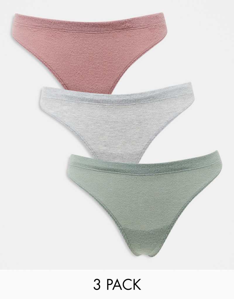 ASOS DESIGN 3 pack soft rib thongs in dusty rose, khaki & gray Asos Design