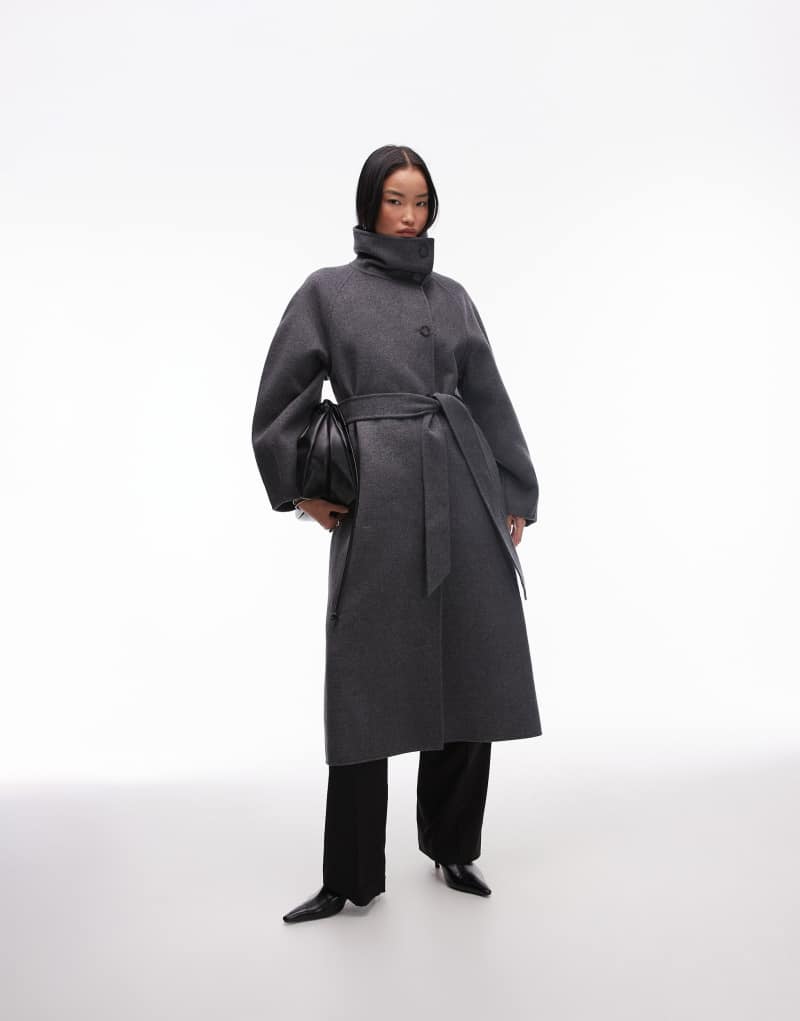 dark& Other Stories belted wool blend maxi coat with high funnel and sculptural sleeves in gray & Other Stories