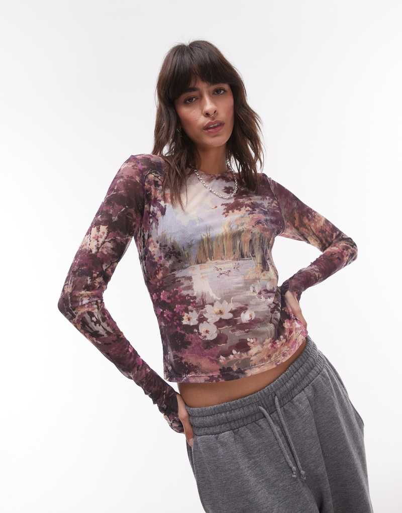 & Other Stories mesh jersey long sleeve top with thumbhole detail in landscape print & Other Stories