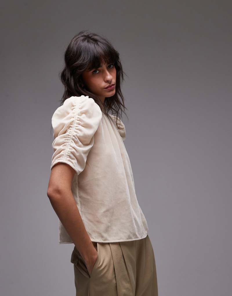 & Other Stories velvet high neck top with draped volume sleeve in beige & Other Stories