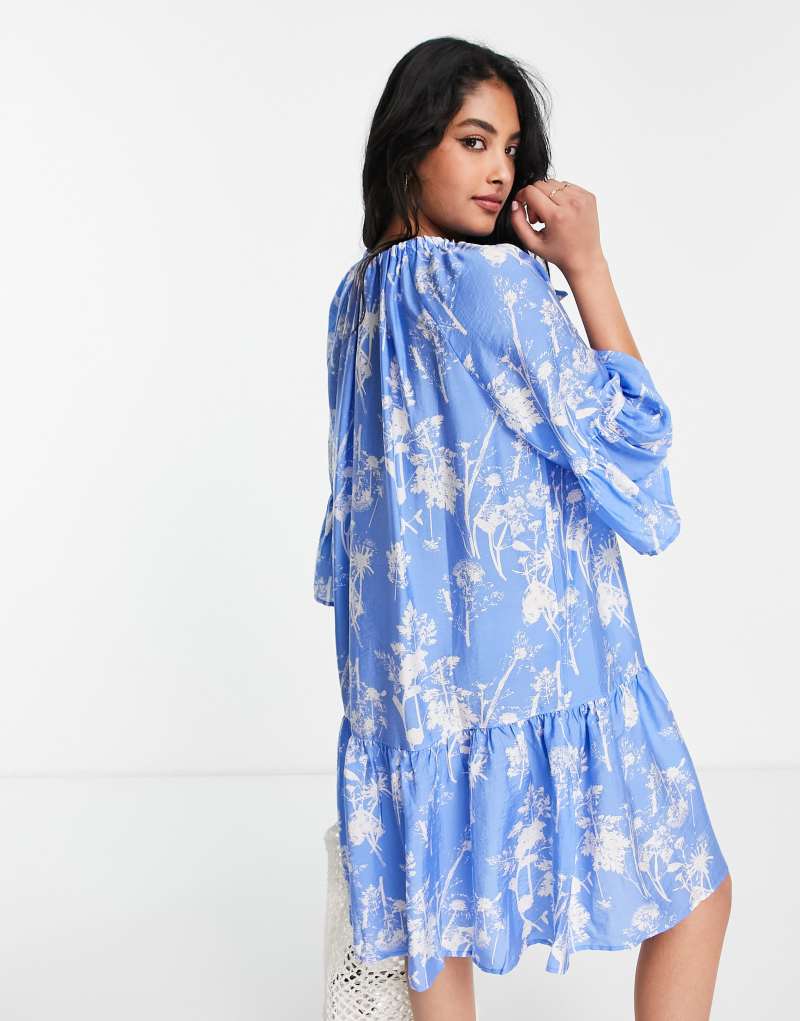 & Other Stories tiered mini smock dress in blue print & Other Stories