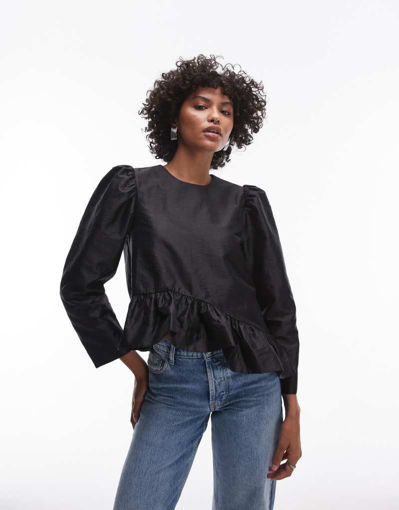 & Other Stories satin blouse with asymmetric frill hem in black & Other Stories