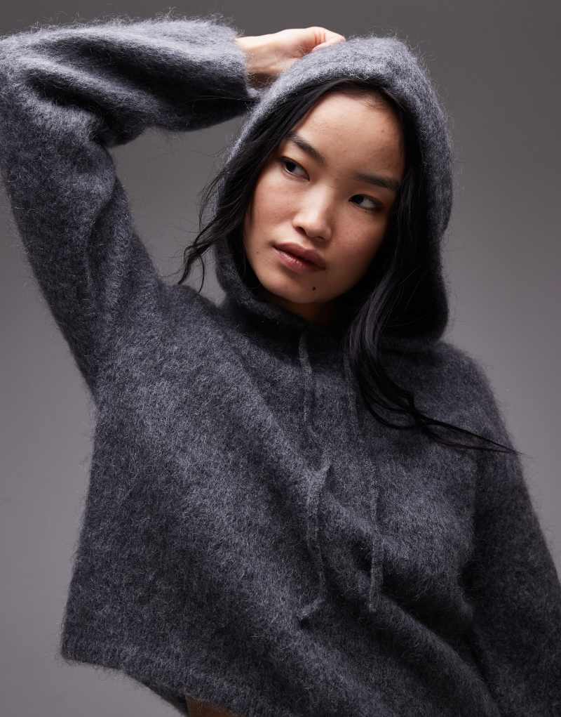 & Other Stories mohair supersoft hairy knit hoodie with tie bow detail in red & Other Stories