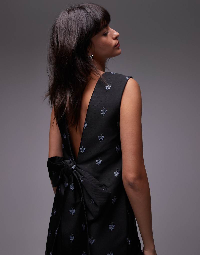 & Other Stories low bow back mini dress in black with embroidered butterflies & Other Stories