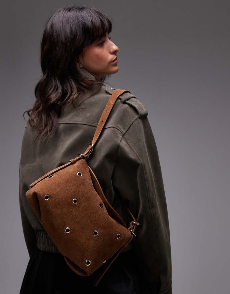 & Other Stories suede shoulder bag in cognac brown with metal grommets  & Other Stories