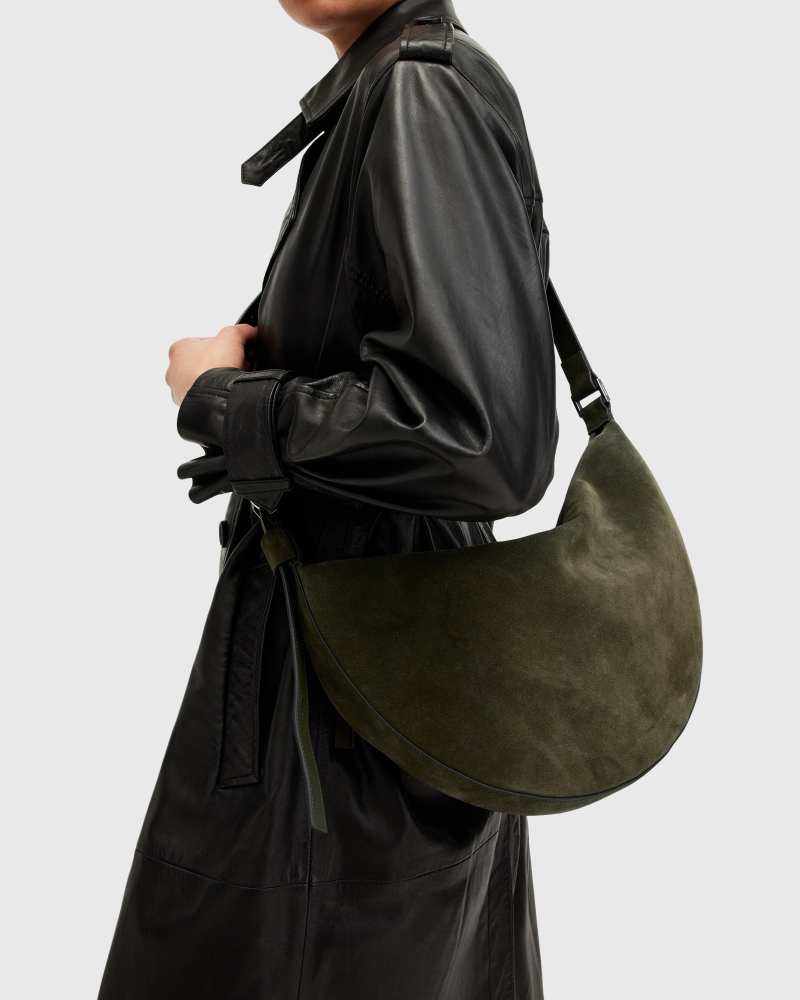 AllSaints suede half moon shoulder bag in green AllSaints