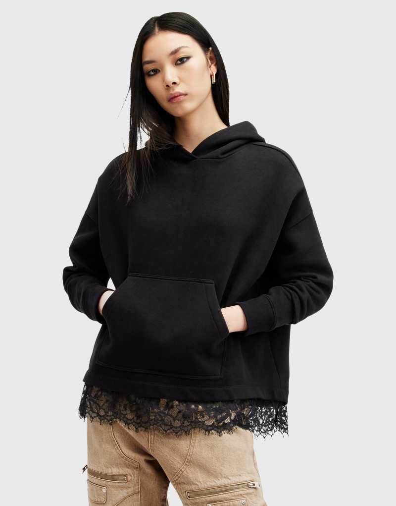 AllSaints Lee lace paneled oversized hoodie in black AllSaints