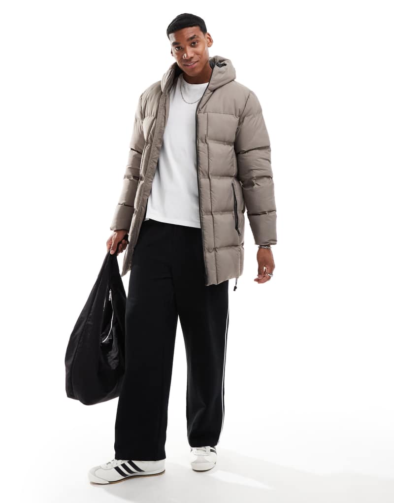 Brave Soul longline padded puffer jacket with hood and quilted detail in taupe Brave Soul