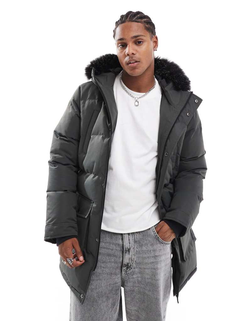 Brave Soul padded parka jacket with faux fur hood in charcoal gray Brave Soul