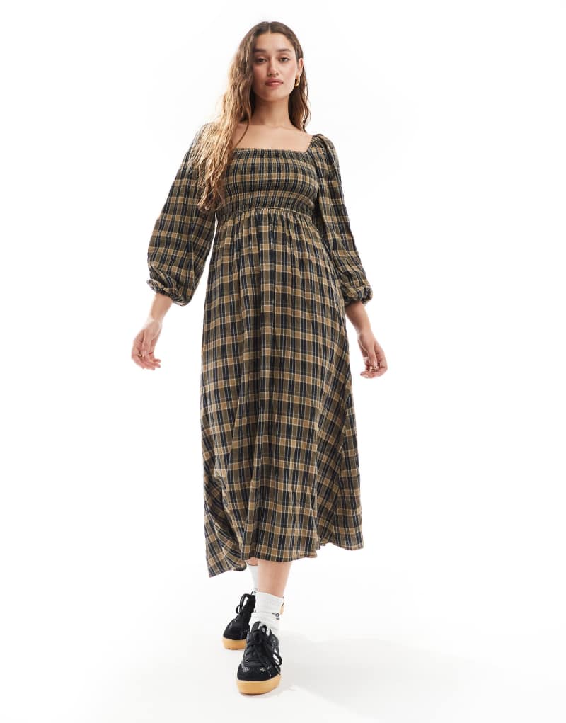 Daisy Street balloon sleeve maxi dress with shirred bodice in brown navy check Daisy Street