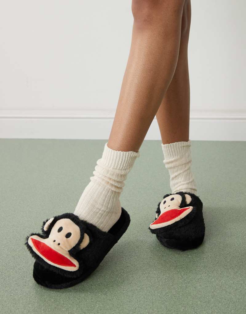 Daisy Street x Paul Frank fluffy slippers with 3D face in black Daisy Street