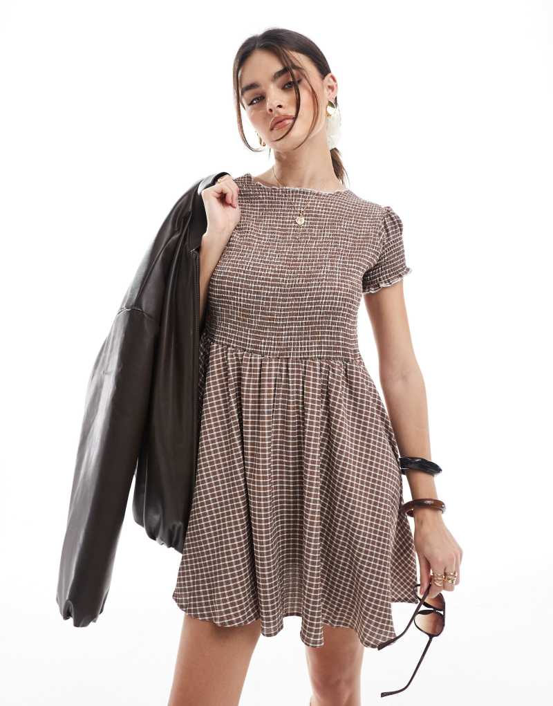 Daisy Street mini smock dress in brown check  Daisy Street