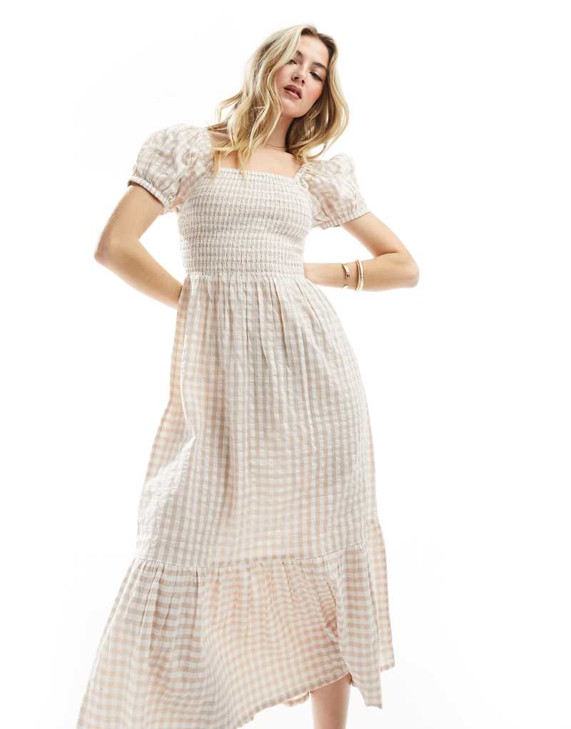 Esmee ruched puff sleeve gingham maxi beach dress in beige and white Esmée