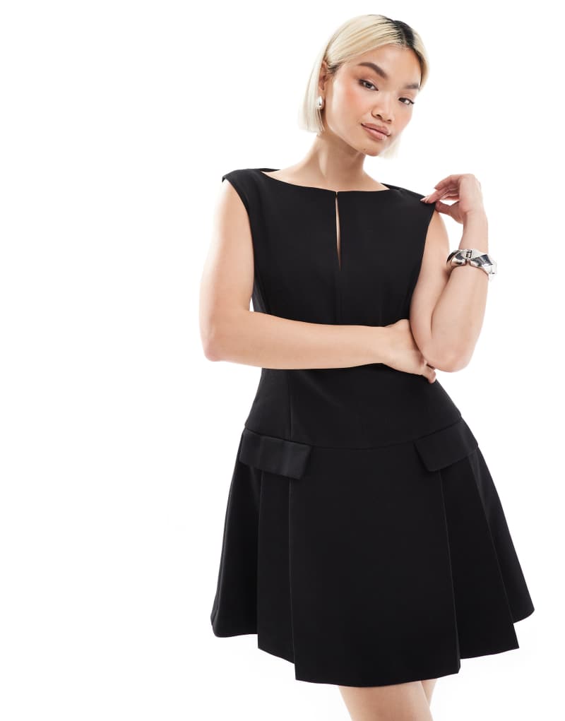 French Connection Azra twill drop waist pleated mini dress in black French Connection