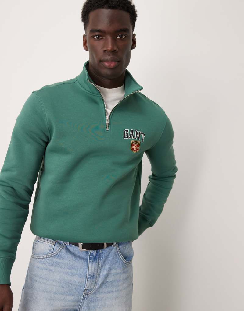 GANT varsity logo half zip sweatshirt in green Gant