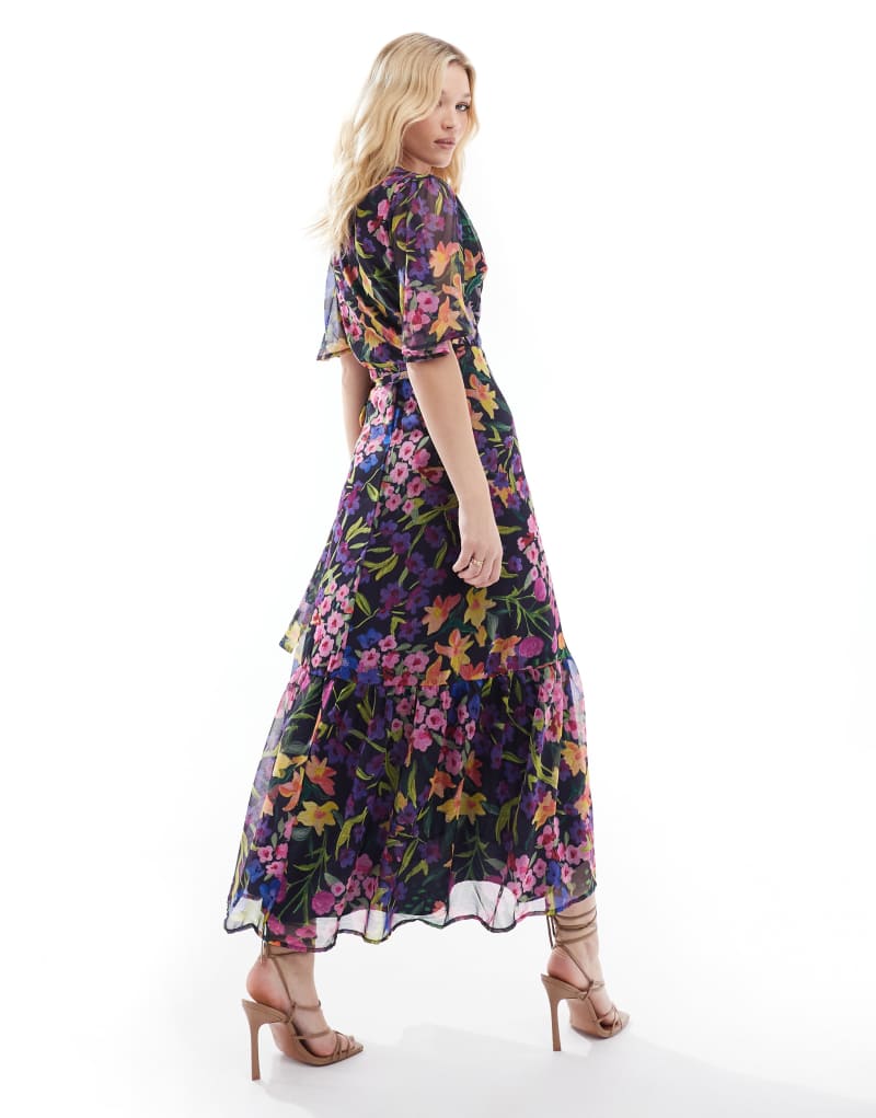 Hope & Ivy flutter sleeve maxi wrap dress with tie waist in purple multi Hope & Ivy