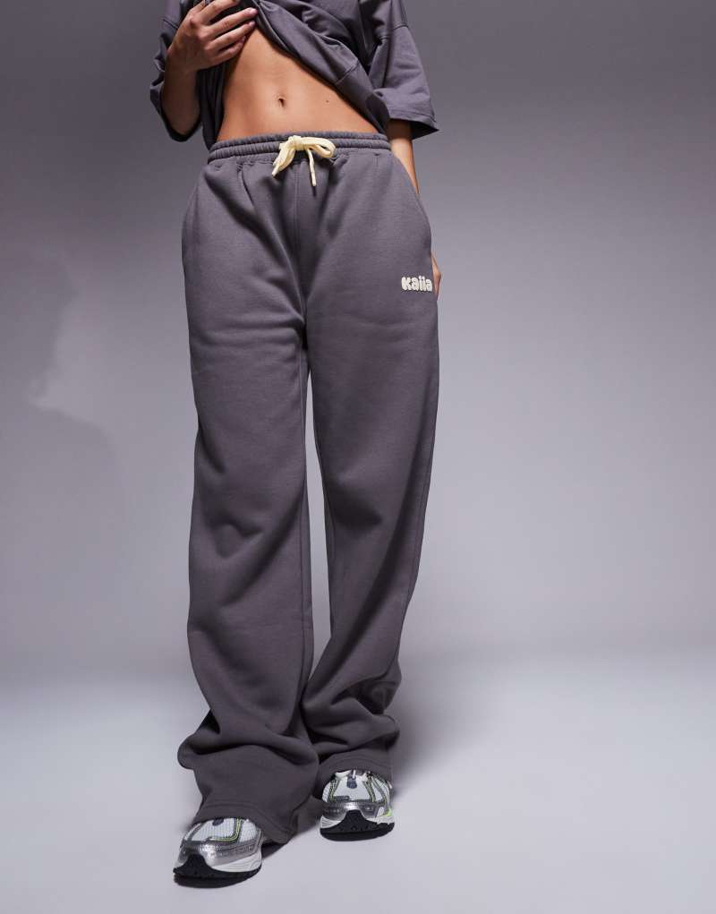 Kaiia Studio wide leg sweatpants in dark gray and yellow - part of a set Kaiia