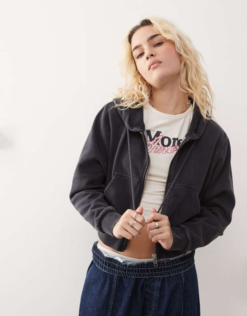 Monki cropped oversized zip up hoodie in washed black Monki