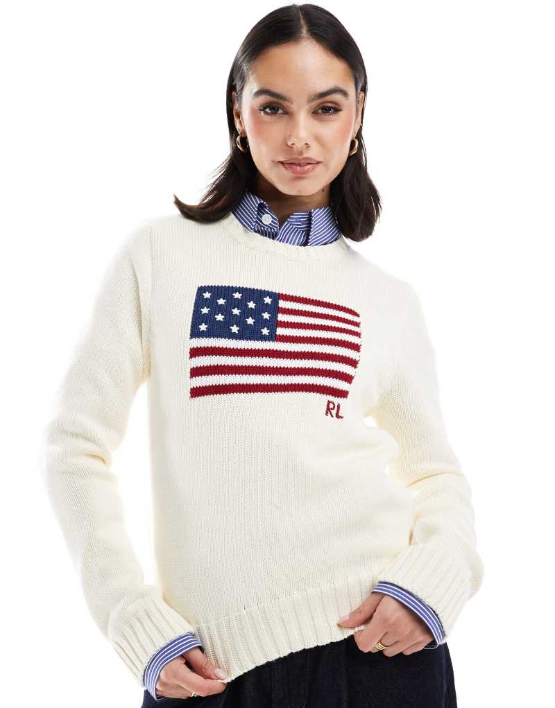 Polo Ralph Lauren flag knitted sweater in cream Polo Ralph Lauren