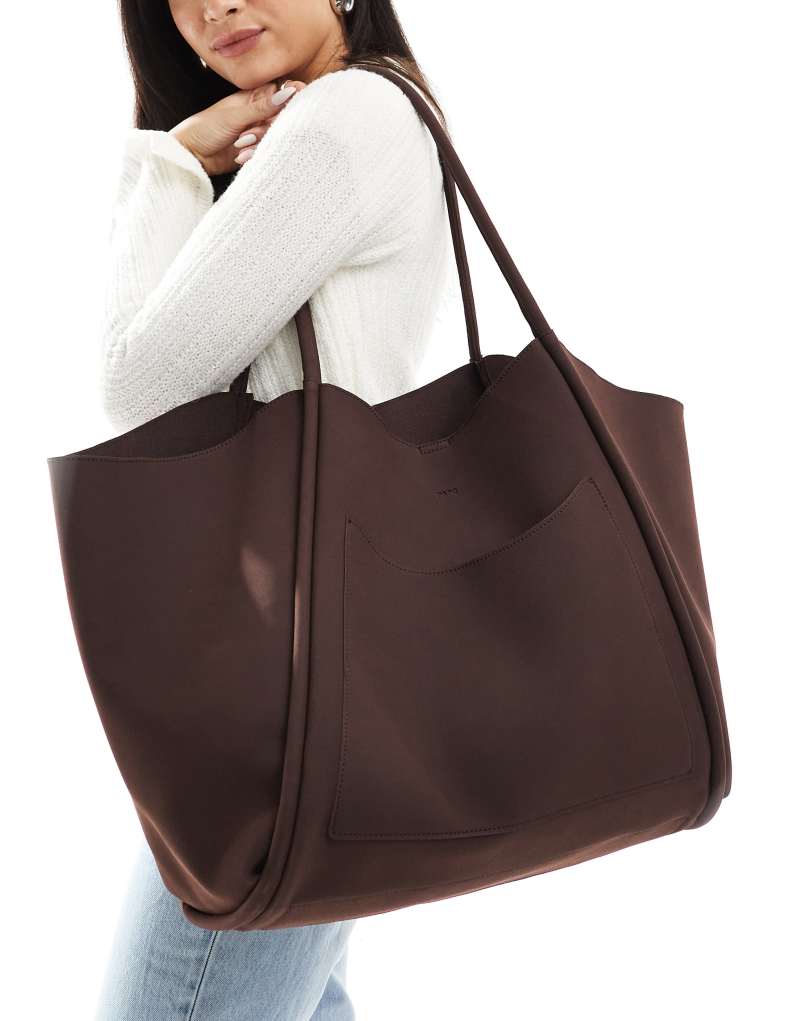 PASQ suede oversized slouch tote bag with removable pouch in brown Pasq