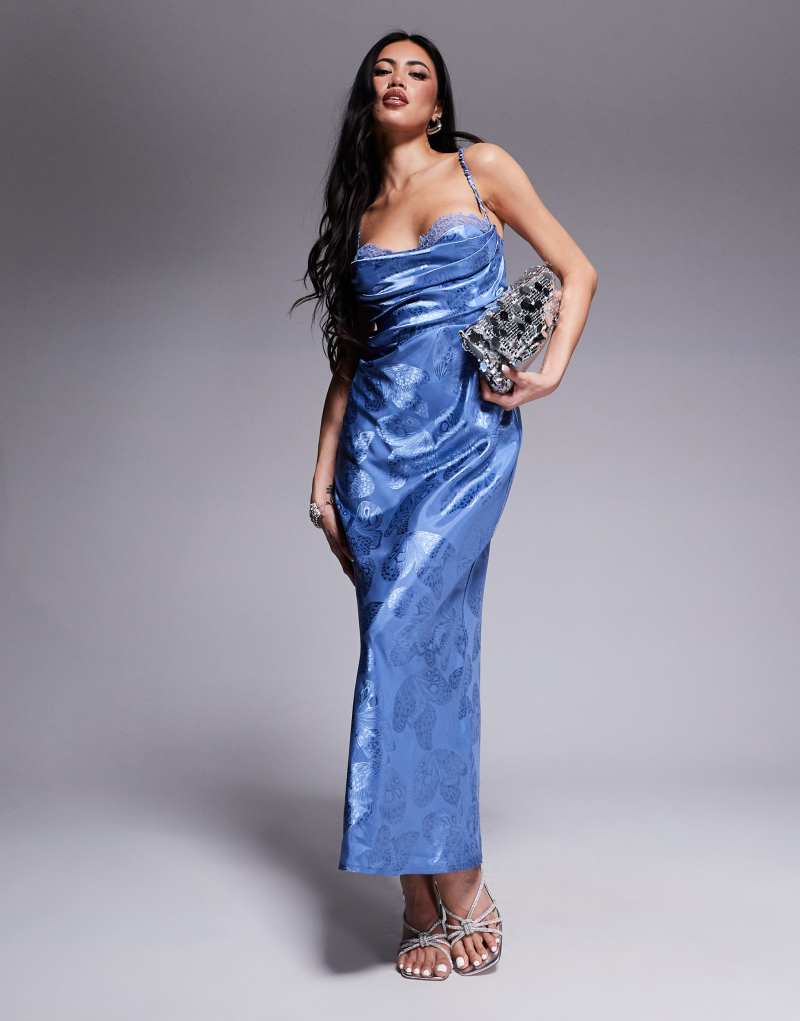 Rare London satin ruched bust open strappy back maxi dress in blue butterfly print Rare Beauty by Selena Gomez