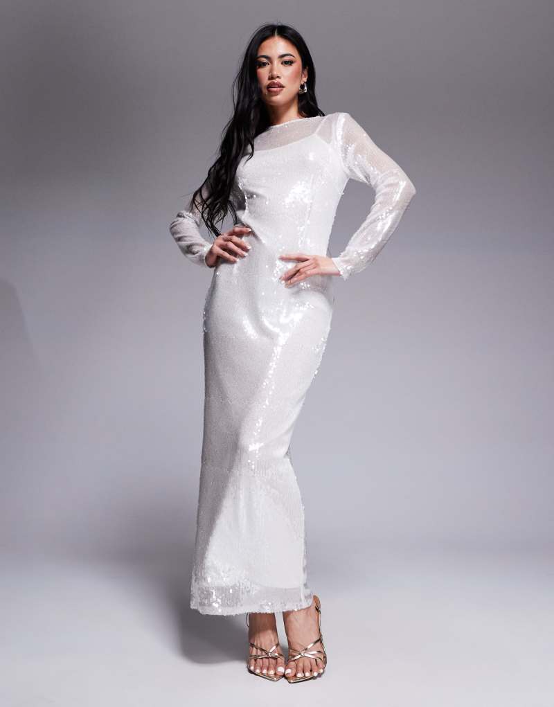 Rare London sequin long sleeve maxi dress in white Rare Beauty by Selena Gomez