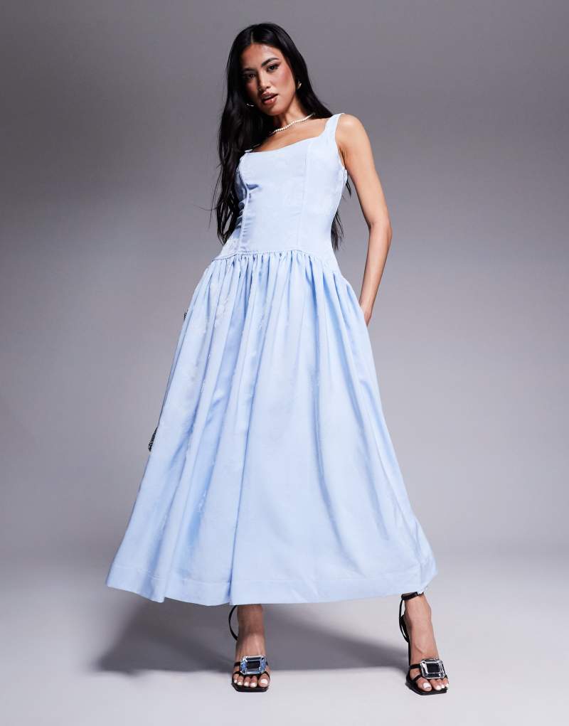 Rare London structured scoop neck dropped waist maxi dress in powder blue Rare Beauty by Selena Gomez