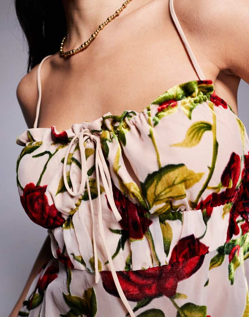 Rare London tie bust detail cami top in beige rose print - part of a set Rare Beauty by Selena Gomez