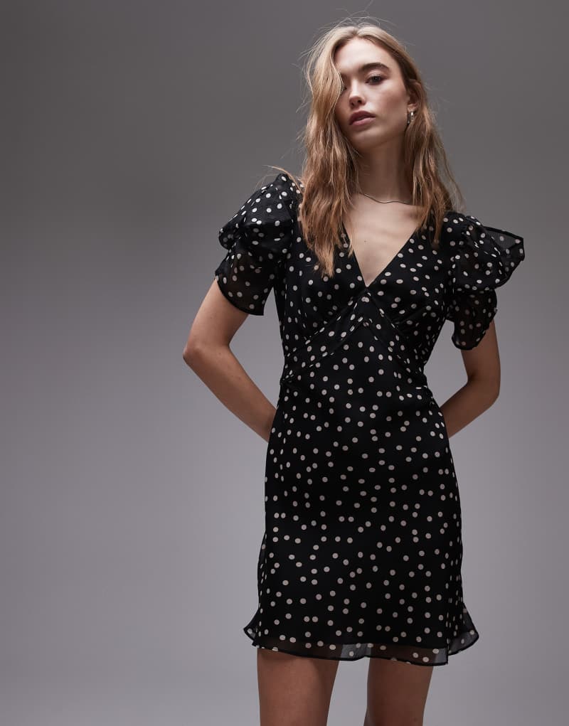 Topshop pinned sleeve mini tea dress in black and white polka dot Topshop