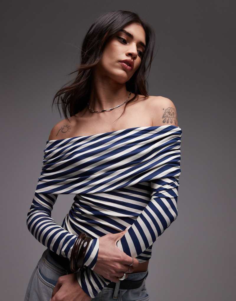 Topshop off the shoulder bardot top in blue stripe Topshop