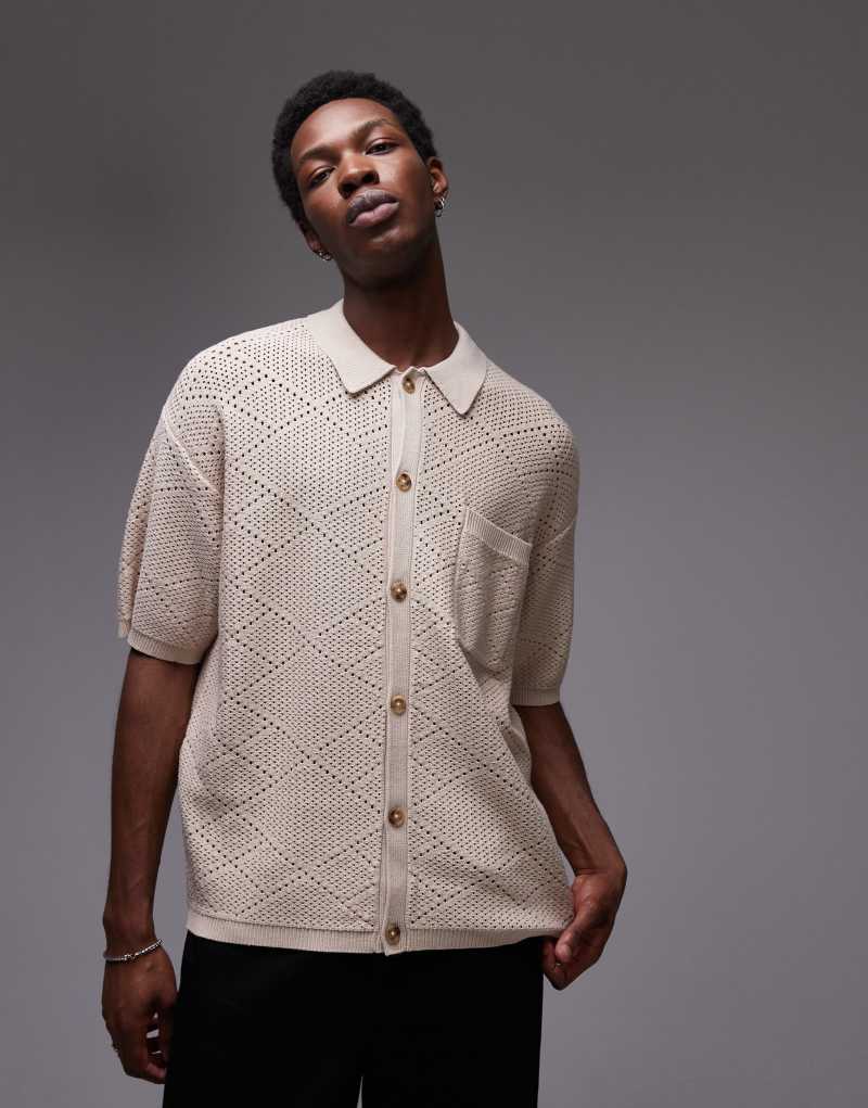 Topman knit pattern crochet shirt with pocket detail in stone Topman