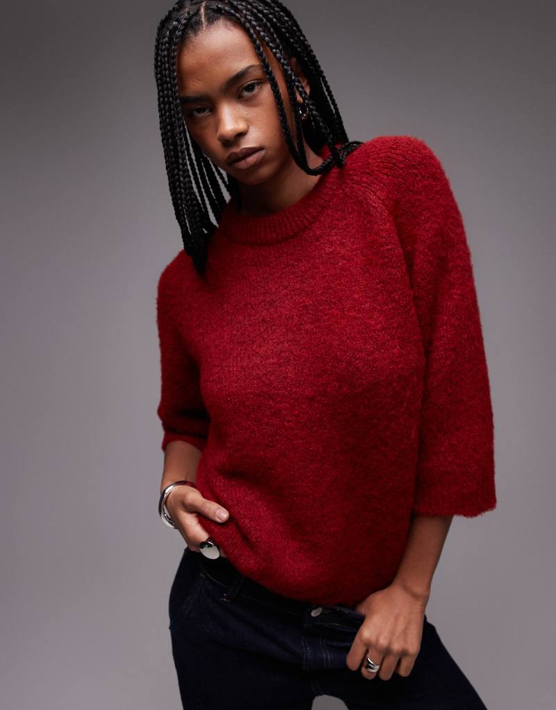 Topshop wool blend half sleeve knitted sweater in red Topshop