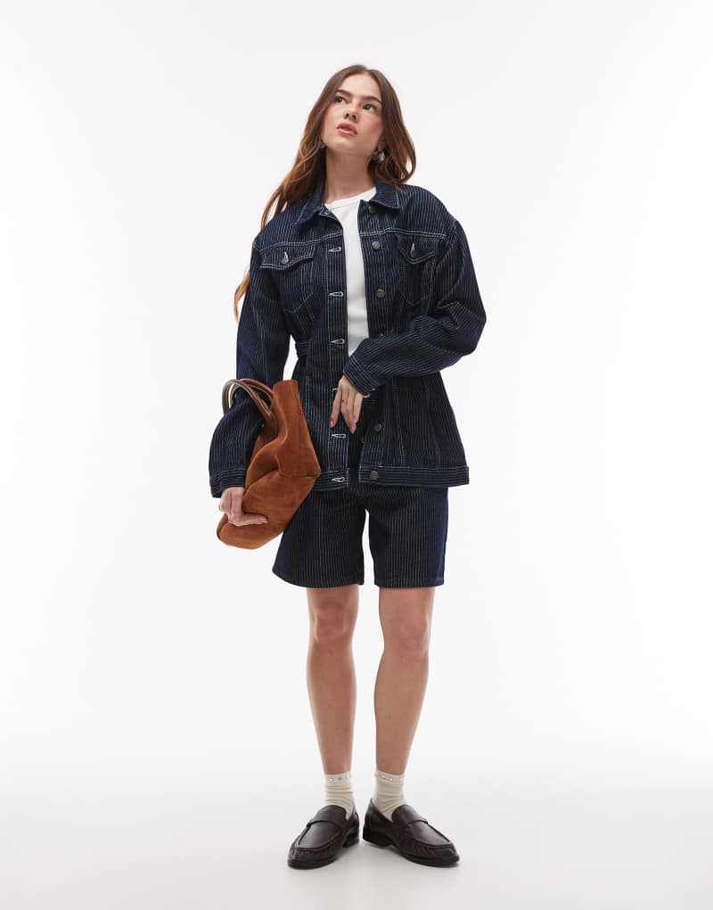 Topshop denim loose fit jorts in dark blue stripe Topshop