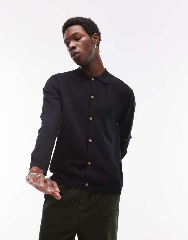 Topman long sleeve knit pattern crochet shirt in black Topman