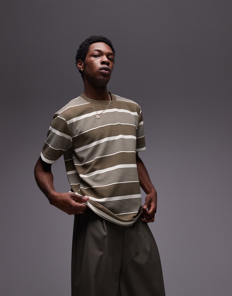 Topman premium oversized fit striped t-shirt in khaki Topman