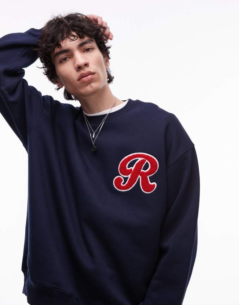 Topman oversized fit sweatshirt with letter chenille embroidery in navy Topman