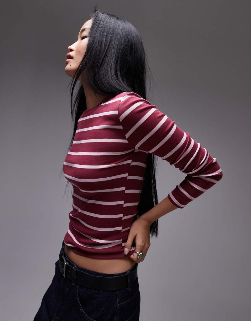 Topshop striped long sleeve top in burgundy Topshop