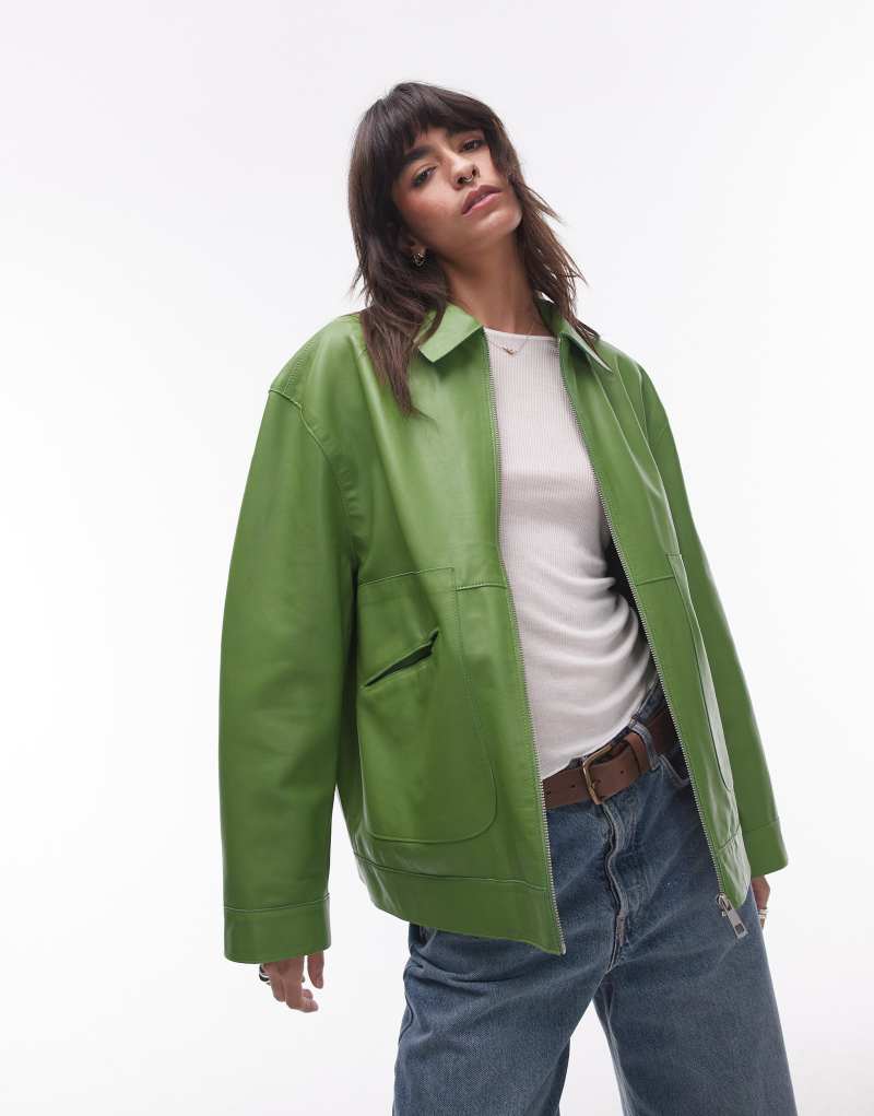 Topshop premium real leather jacket in green Topshop