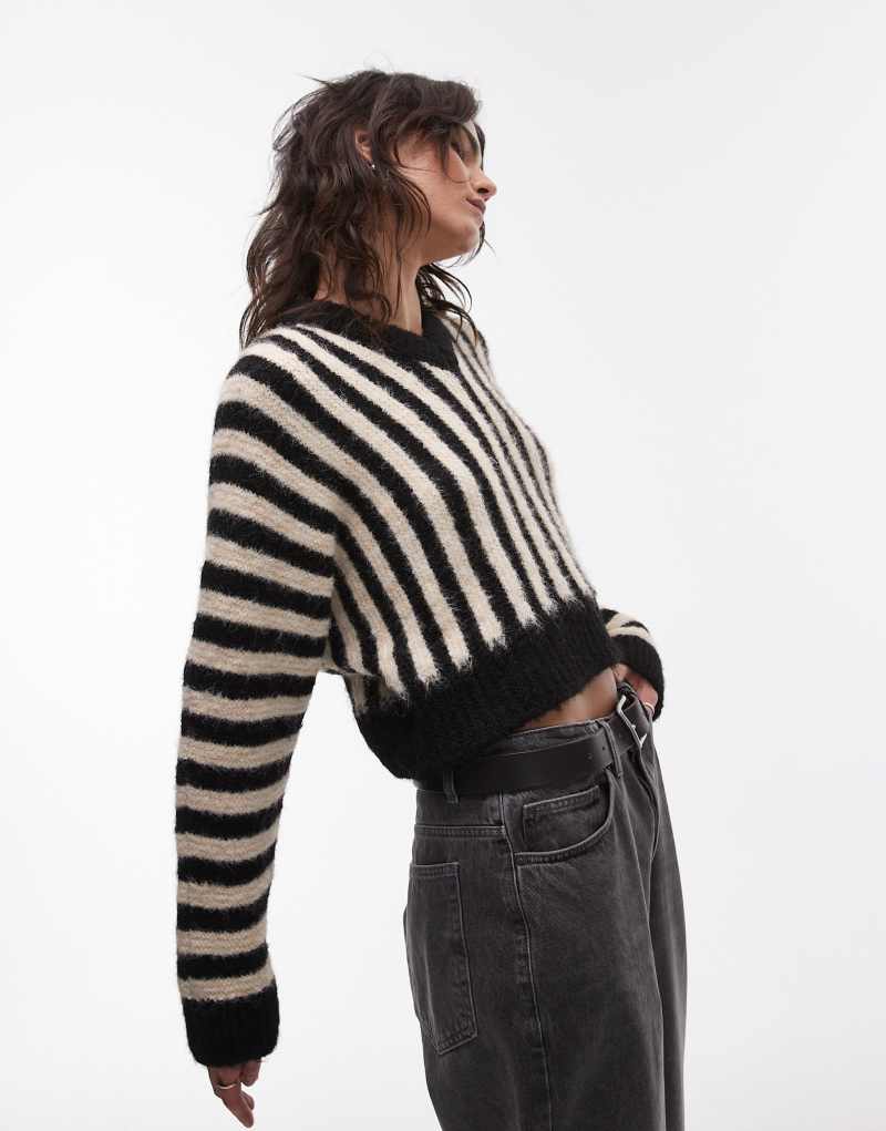 Topshop wool look sweater with dolman sleeve in black and white stripe Topshop