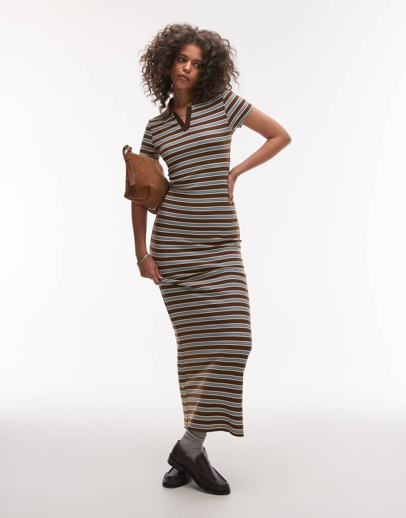 Topshop striped maxi polo dress in chocolate brown Topshop