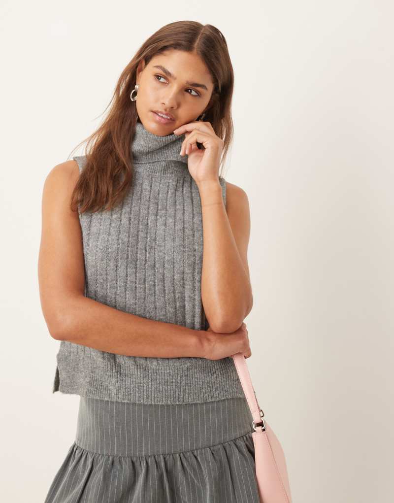 Vila ribbed high neck sleevless knit vest in dark gray Vila