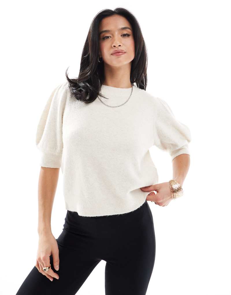 Vero Moda Petite knitted puff sleeve t-shirt in cream Vero Moda