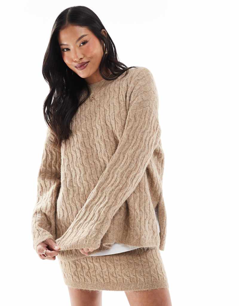 Vero Moda Petite slouchy cable knit sweater in camel - part of a set Vero Moda