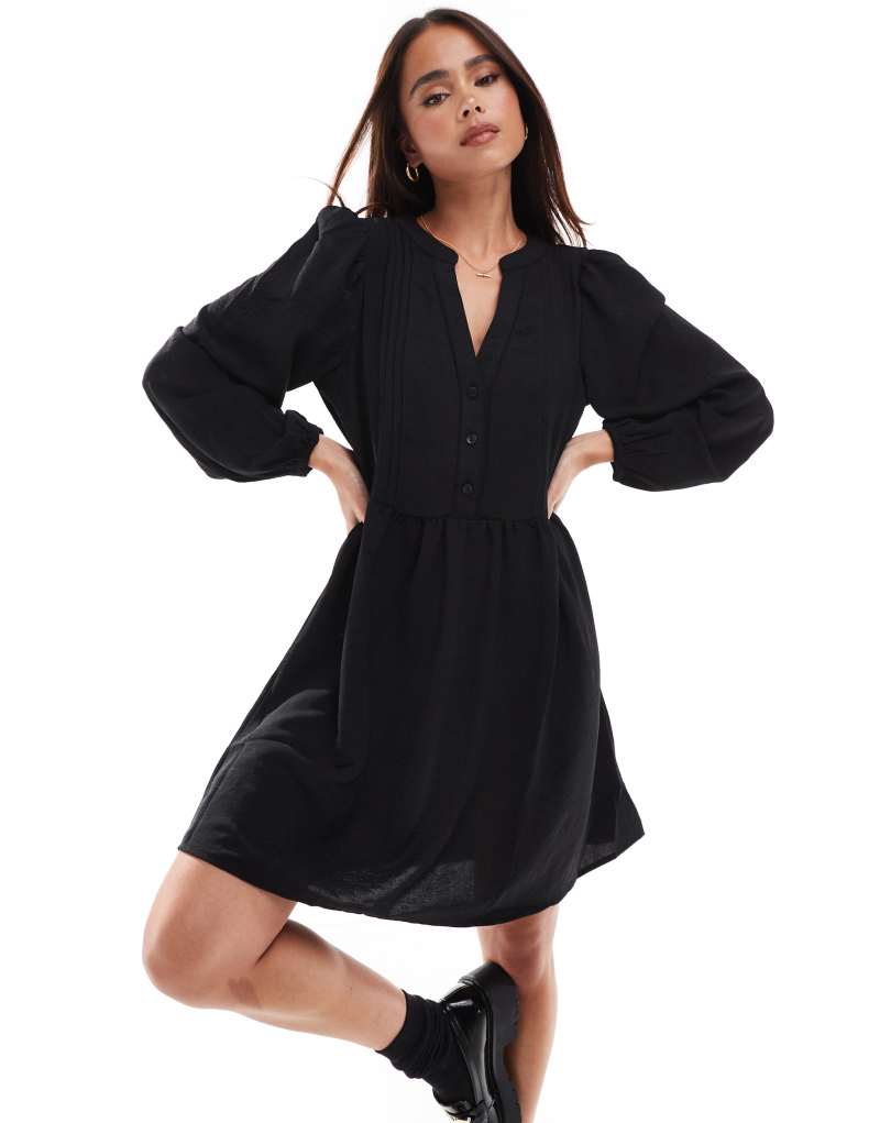 Vero Moda v-neck smock mini dress with puff sleeves in black Vero Moda