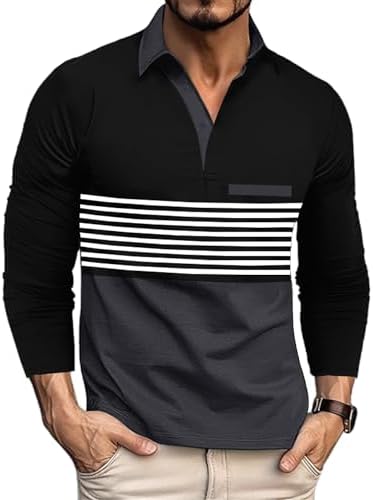 Beotyshow Mens Striped Polo Shirts Long Sleeve Contrast Color Golf Casual Shirt Collared Fashion T Shirts Beotyshow